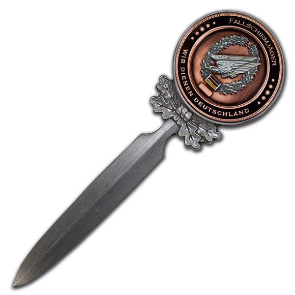 Brieföffner, Briefmesser mit eingearbeiteter Münze, Coin oder Challenge Coin mit eigenem Wappen, Logo oder Motiv, gedruckt oder geprägt für Bundeswehr, Polizei, Vereine, Firmen, Verbände, Organisationen, Städte, Gemeinden, von der W. Schwemmlein GmbH aus Bayreuth