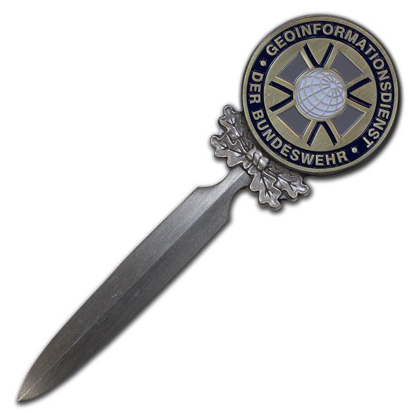 Brieföffner, Briefmesser mit eingearbeiteter Münze, Coin oder Challenge Coin mit eigenem Wappen, Logo oder Motiv, gedruckt oder geprägt für Bundeswehr, Polizei, Vereine, Firmen, Verbände, Organisationen, Städte, Gemeinden, von der W. Schwemmlein GmbH aus Bayreuth