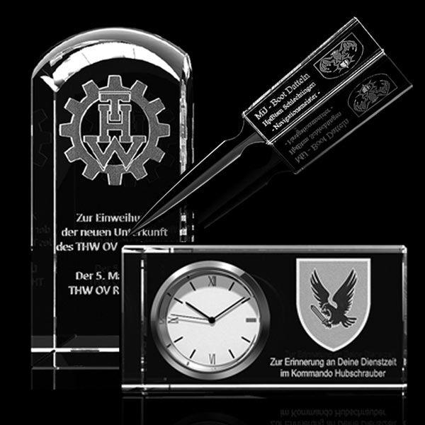 Glastrophäen mit Innengravuren in 2D und 3D mit dem eigenen Wappen oder Logo, von der W. Schwemmlein GmbH aus Bayreuth