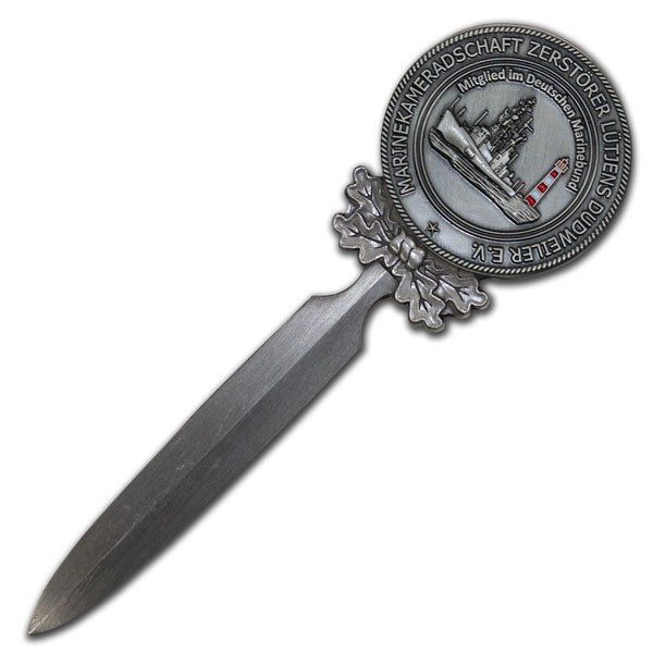 Brieföffner, Briefmesser mit eingearbeiteter Münze, Coin oder Challenge Coin mit eigenem Wappen, Logo oder Motiv, gedruckt oder geprägt für Bundeswehr, Polizei, Vereine, Firmen, Verbände, Organisationen, Städte, Gemeinden, von der W. Schwemmlein GmbH aus Bayreuth
