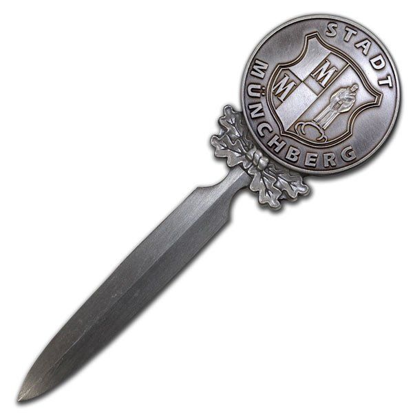 Brieföffner, Briefmesser mit eingearbeiteter Münze, Coin oder Challenge Coin mit eigenem Wappen, Logo oder Motiv, gedruckt oder geprägt für Bundeswehr, Polizei, Vereine, Firmen, Verbände, Organisationen, Städte, Gemeinden, von der W. Schwemmlein GmbH aus Bayreuth