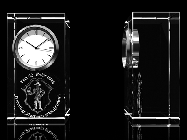 Glasuhr 50 x 95 x 35 mm Glasuhr für individuelle Gravuren, Glasinnengravuren , mit dem eigenen Foto, Motiv, Wappen, Logo oder Widmungen