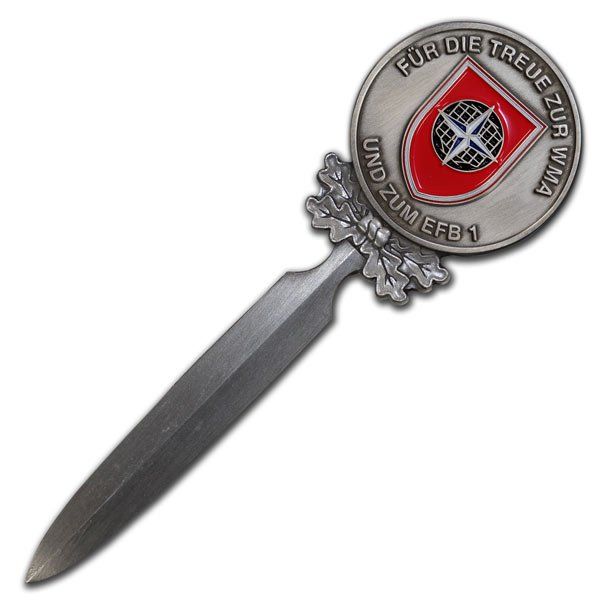 Brieföffner, Briefmesser mit eingearbeiteter Münze, Coin oder Challenge Coin mit eigenem Wappen, Logo oder Motiv, gedruckt oder geprägt für Bundeswehr, Polizei, Vereine, Firmen, Verbände, Organisationen, Städte, Gemeinden, von der W. Schwemmlein GmbH aus Bayreuth