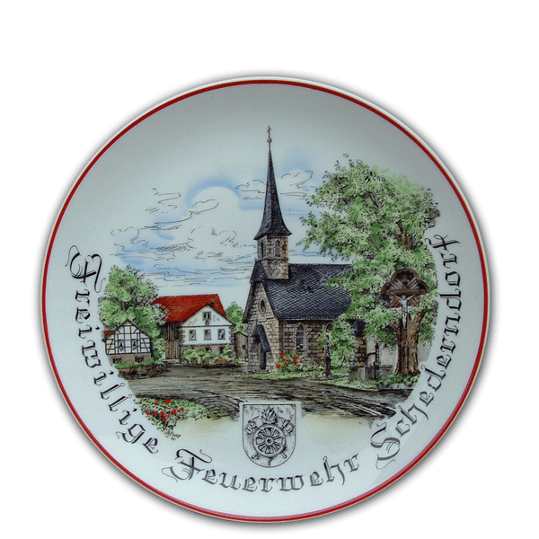 Erinnerungsteller 24 cm Wandteller, Ehrenteller, Erinnerungsteller bedruckt mit dem eigenen Motiv, Wappen oder Logo von der Schwemmlein GmbH aus Bayreuth