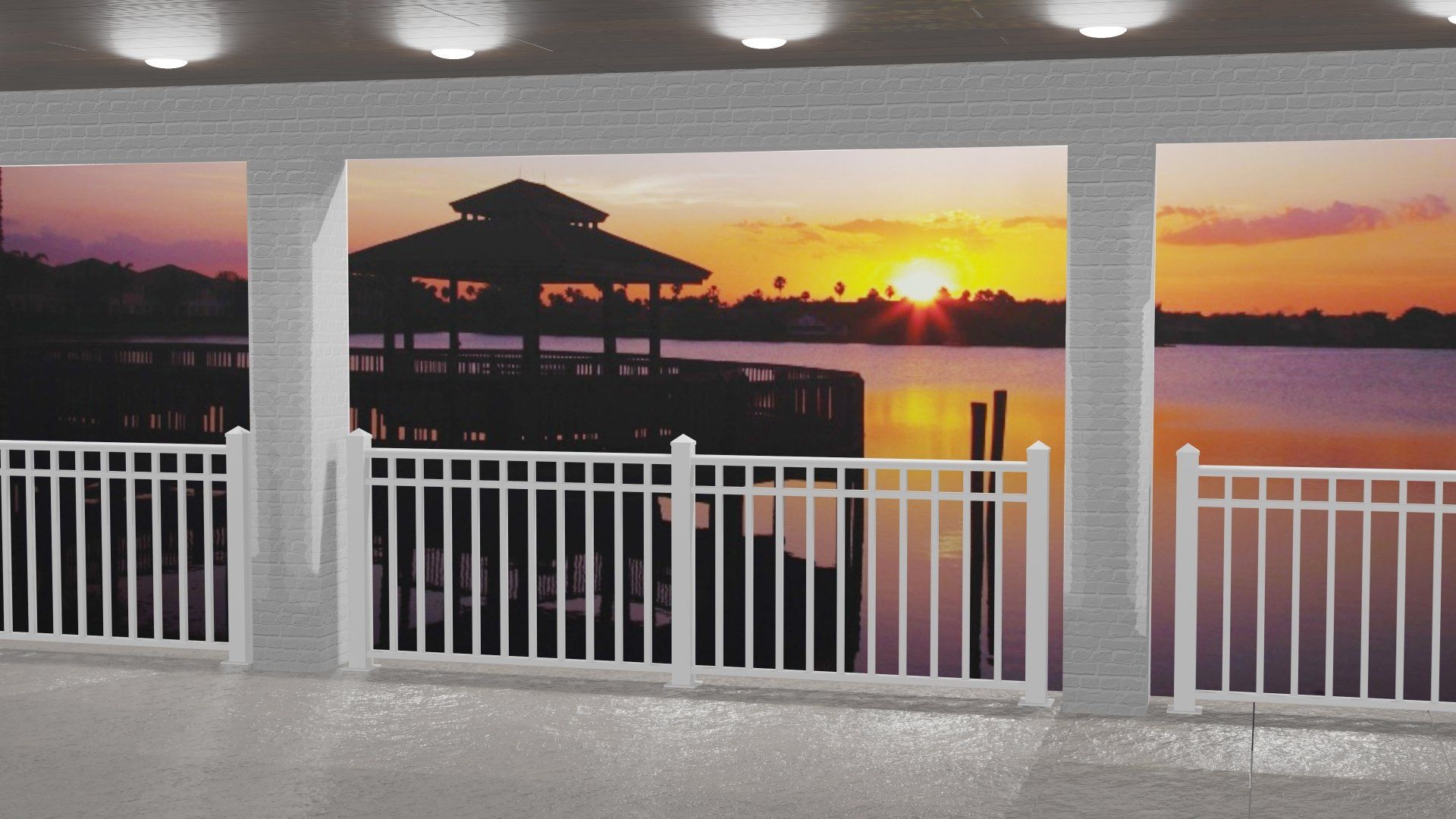 Standard vertical picket aluminum powder coated railing with handrail standoffs with oversized posts. 3