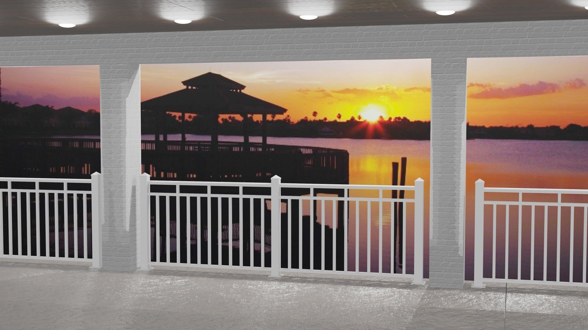 Standard vertical picket aluminum powder coated railing with handrail standoffs with oversized posts. 3