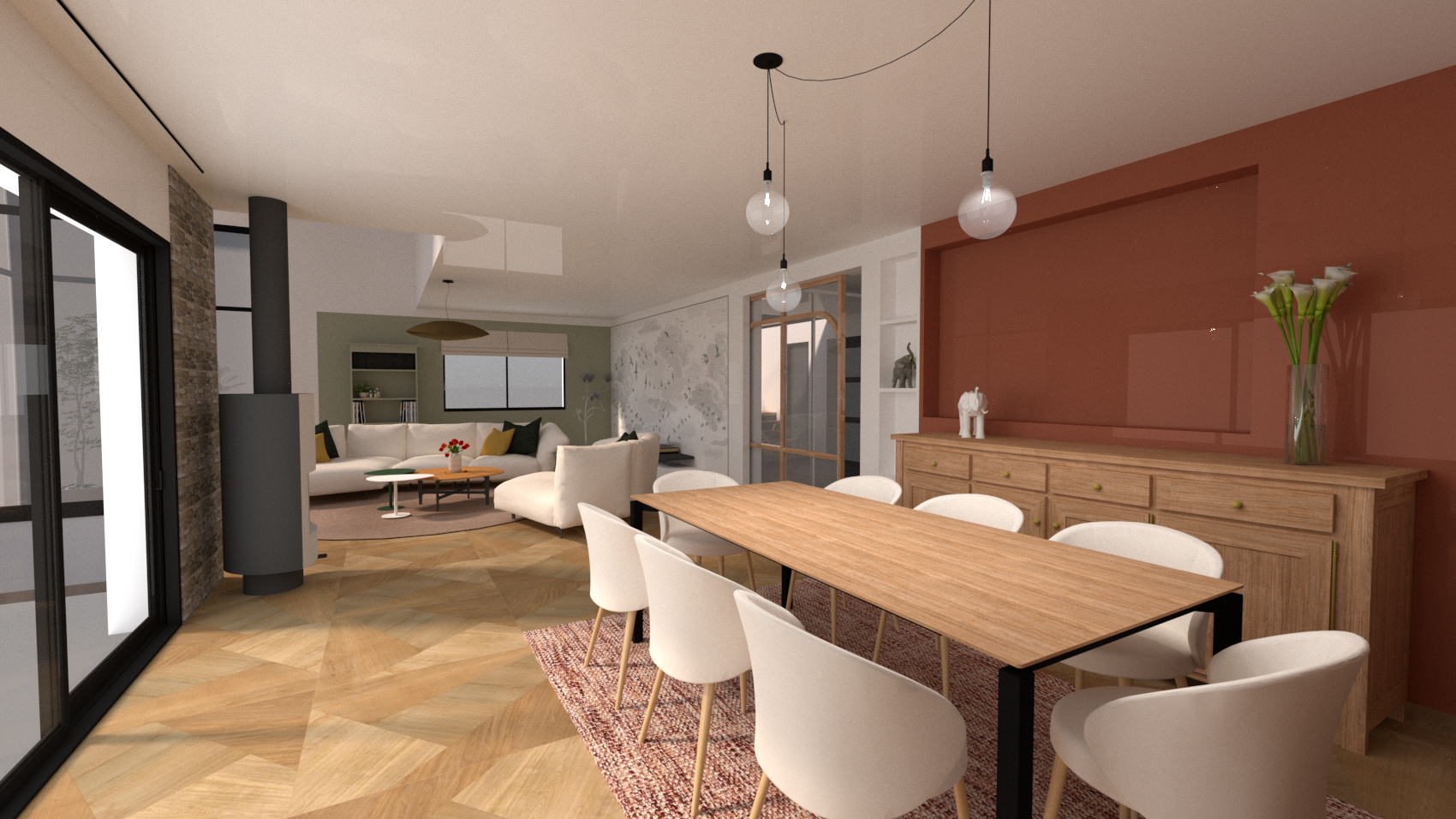 Projet de décoration et révision complète de cet espace de vie grâce à la psychologie des couleurs et la neuro-architecture.