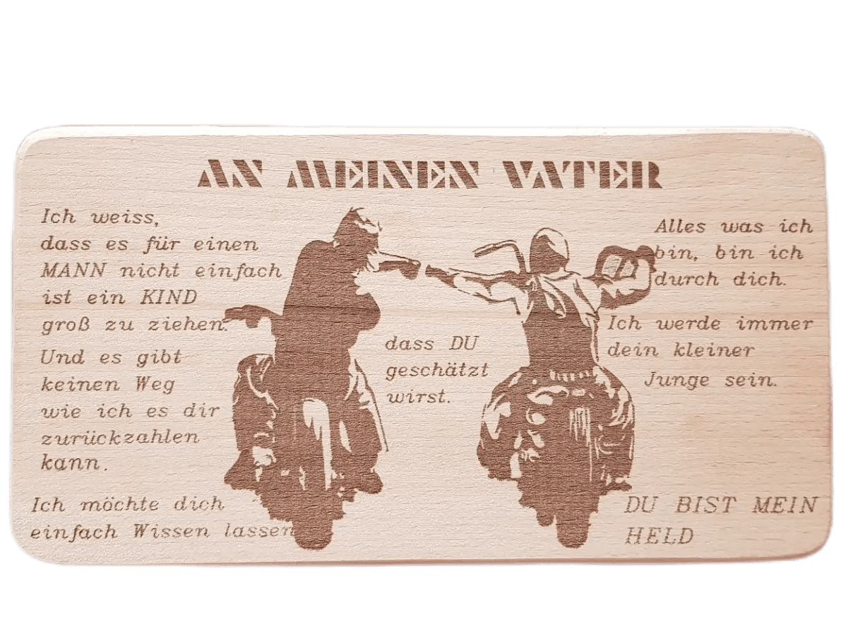 Holz Frühstücksbrettchen mit 2 Motorräder als Fotogravur und an meinen Vater als Textgravur
