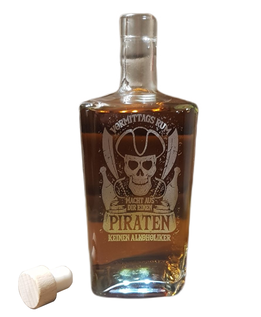 Beleuchtete Klarglasflasche mit Gravur vormittags Rum macht aus dir einen Piraten kein Alkoholiker