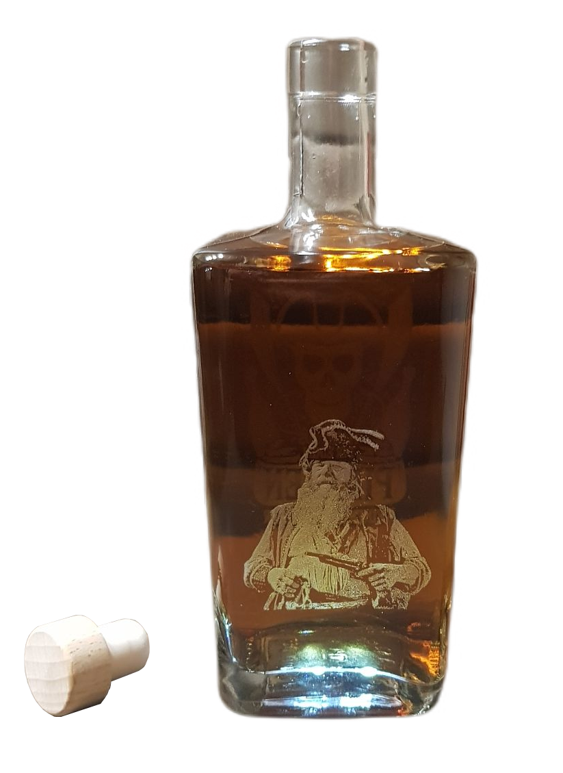Beleuchtete Klarglasflasche mit Piraten Fotogravur