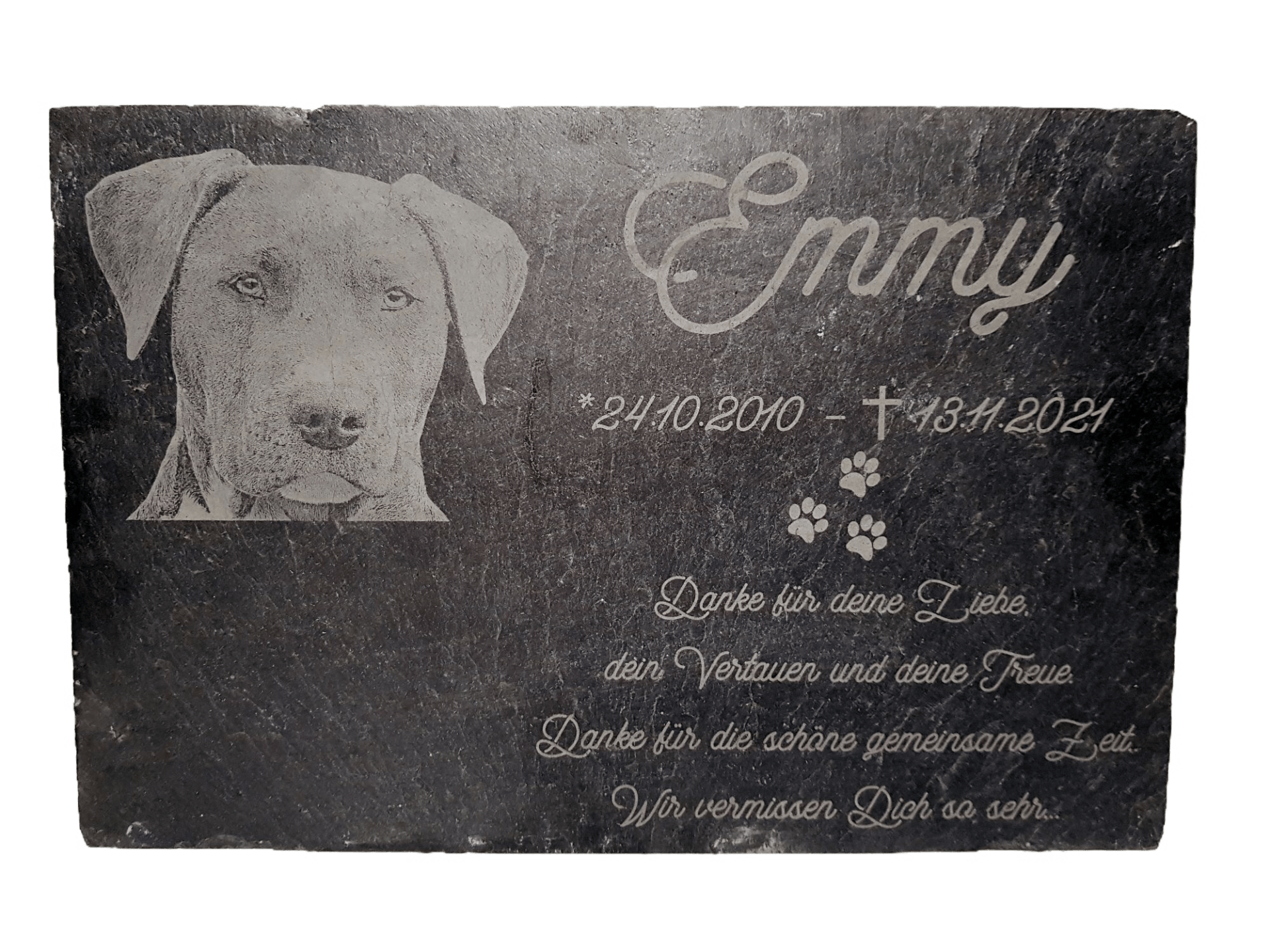 Schwarze Schieferplatte mit Hunde Fotogravur und Textgravur