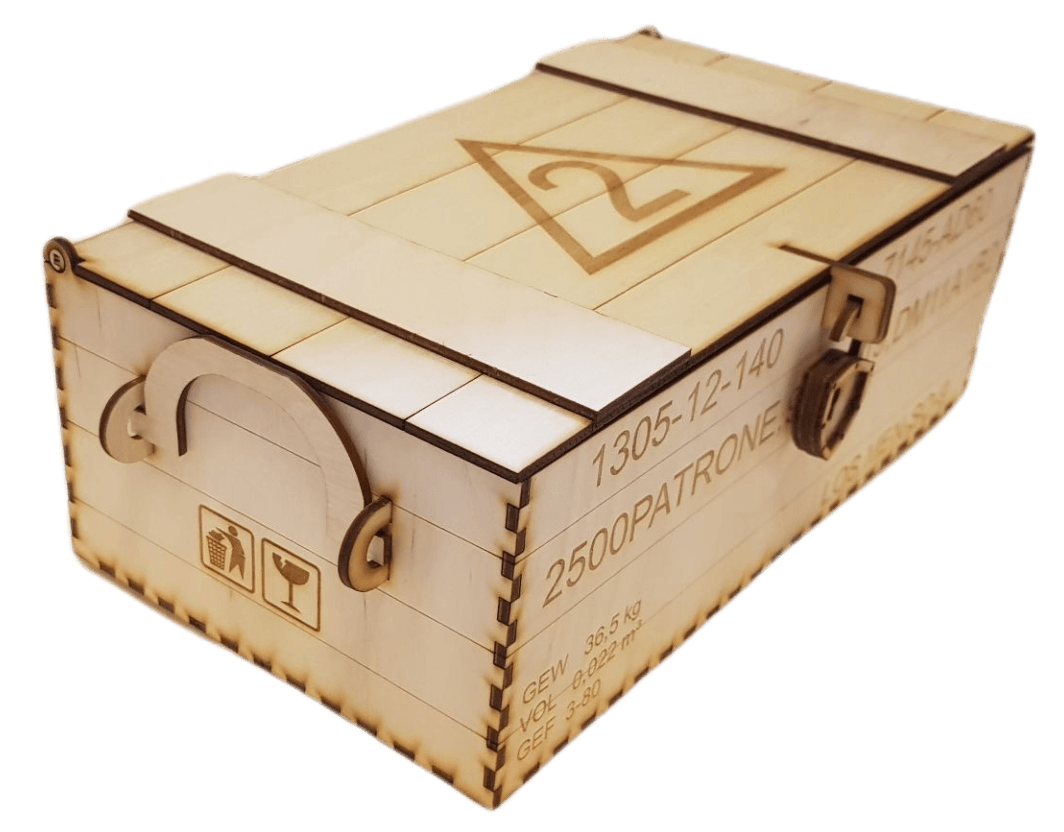 Munitionskiste aus Holz als Geschenkverpackung für Jacky 0,7L