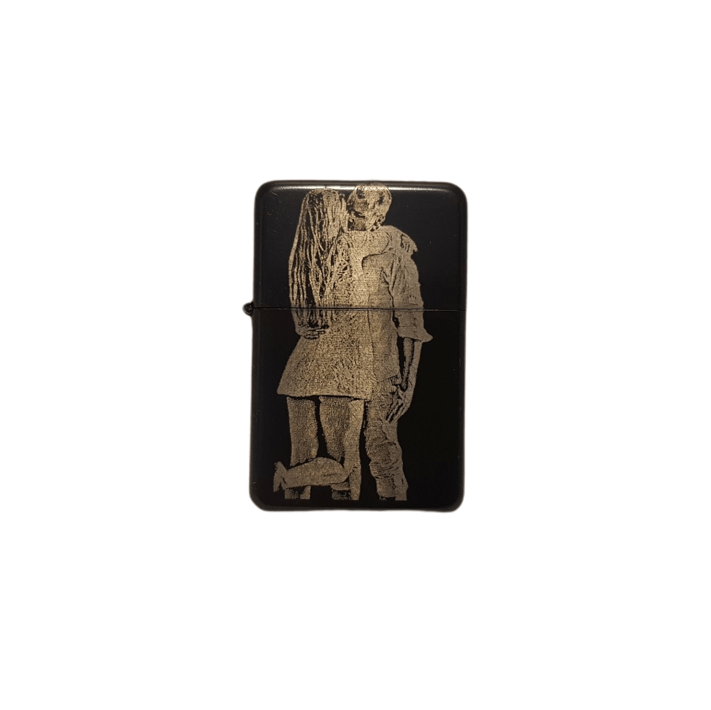 Schwarzes Benzinfeuerzeug mit Mann und Frau als Fotogravur