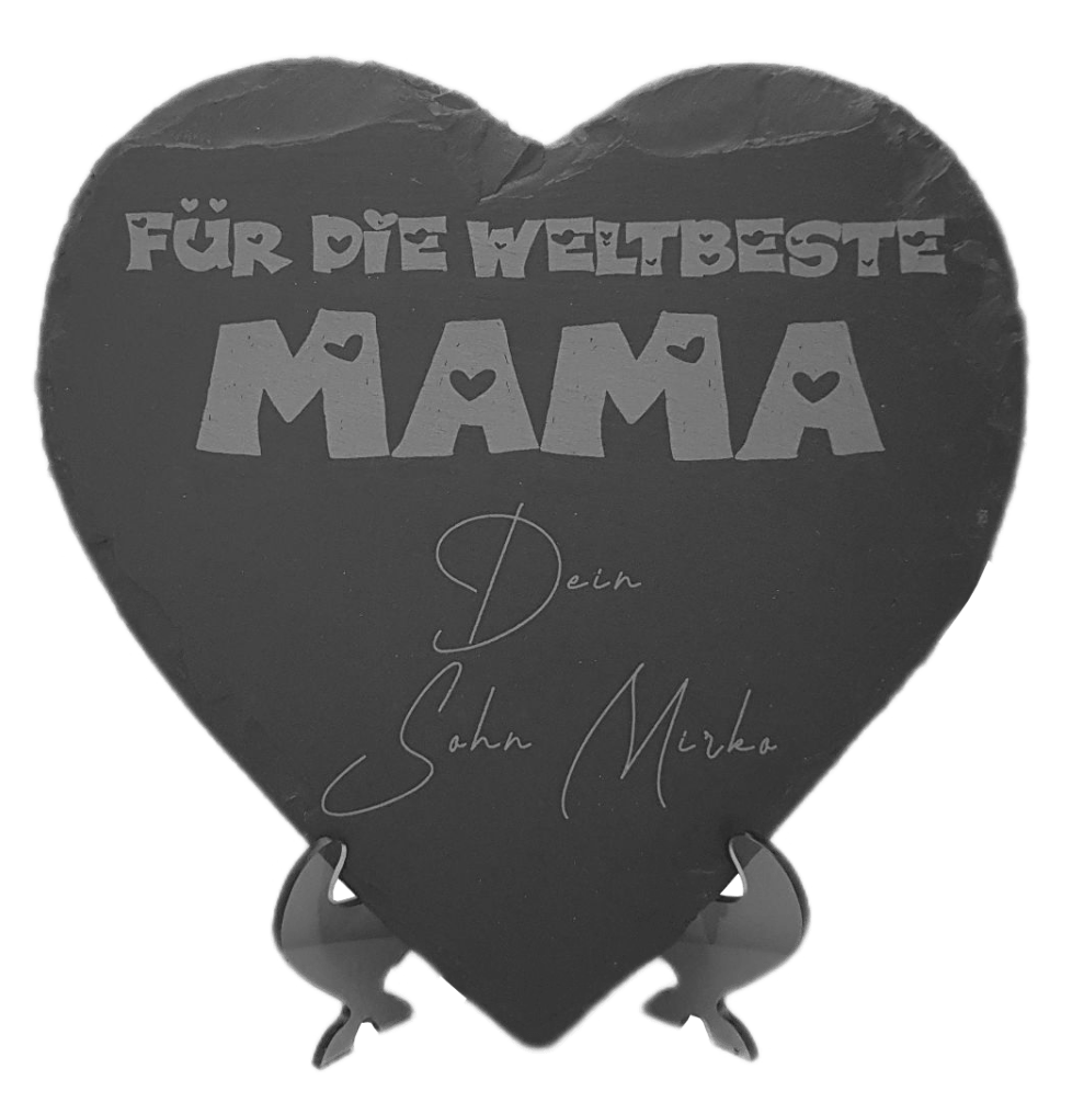 Schwarze Schieferplatte in Herzform mit Weltbeste Mama Text