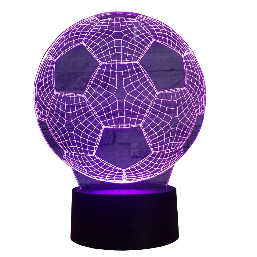Lila beleuchtetes Acrylbild als Fußball im LED Sockel