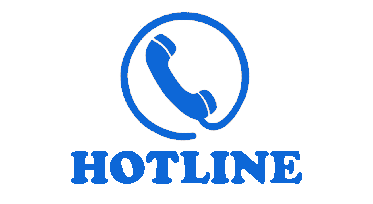 Telefonhörer in einem nach unter offenen Kreis. Darunter der Schriftzug Hotline. Alles in blau auf weißem Hintergrund.