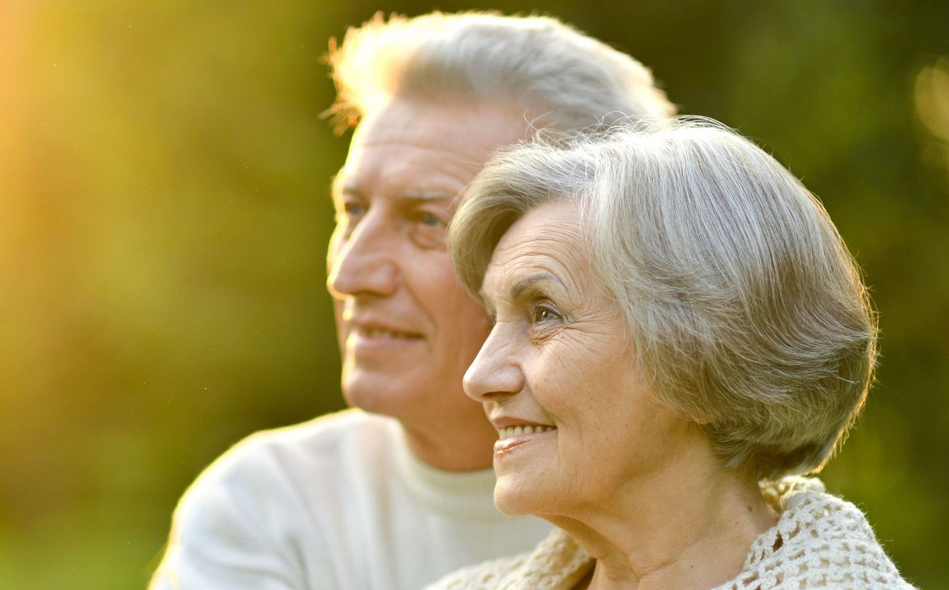 Älters Paar blickt hoffnungsvoll in die Ferne. Älteres grauhariges Paar im Sonnengegenlicht blickt hoffnungsvoll in die Ferne, Grüntöneverlaufen in Orangetöne-