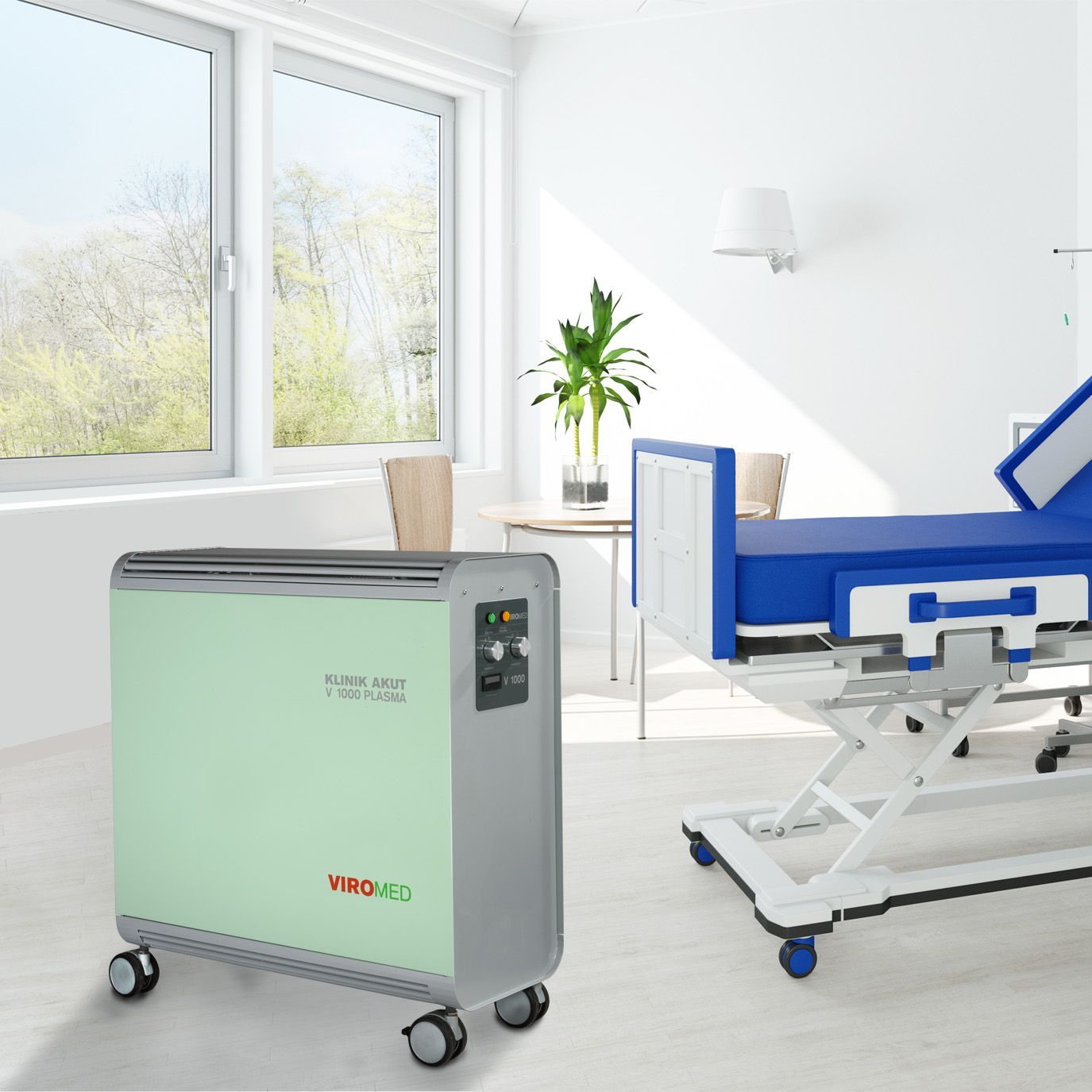 Fertige Collage mit Luftreinigungsgerät und sonnig hellen Krankenzimmer.