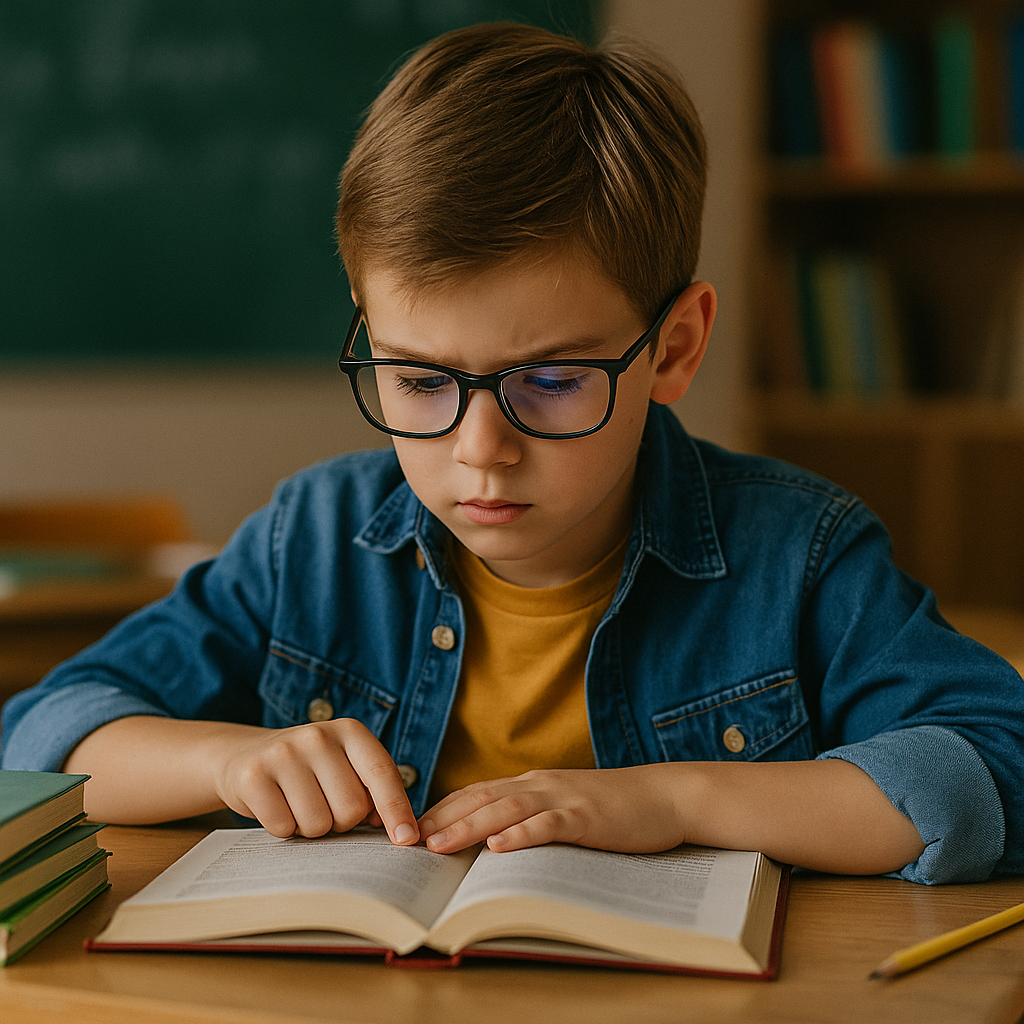 Ein Schulkind das in der schule sitzt und Probleme hat, ein Buch zu lesen