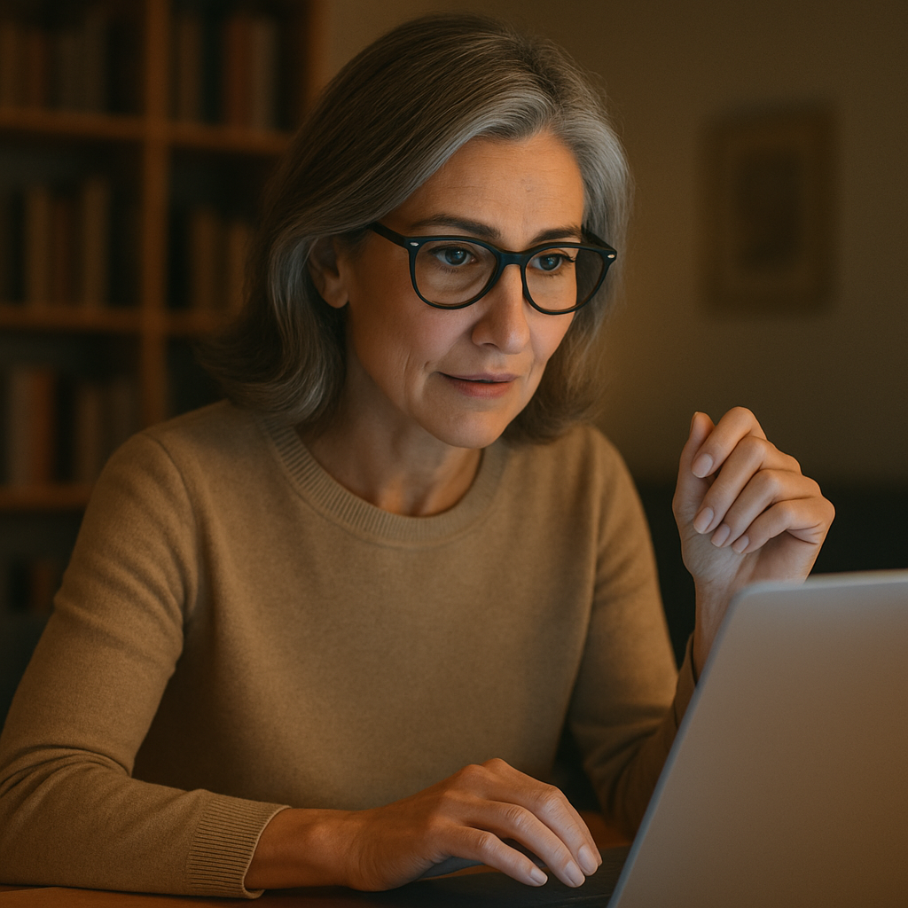 Bild einer Frau mit Brille die gerade auf ihren Laptop schaut