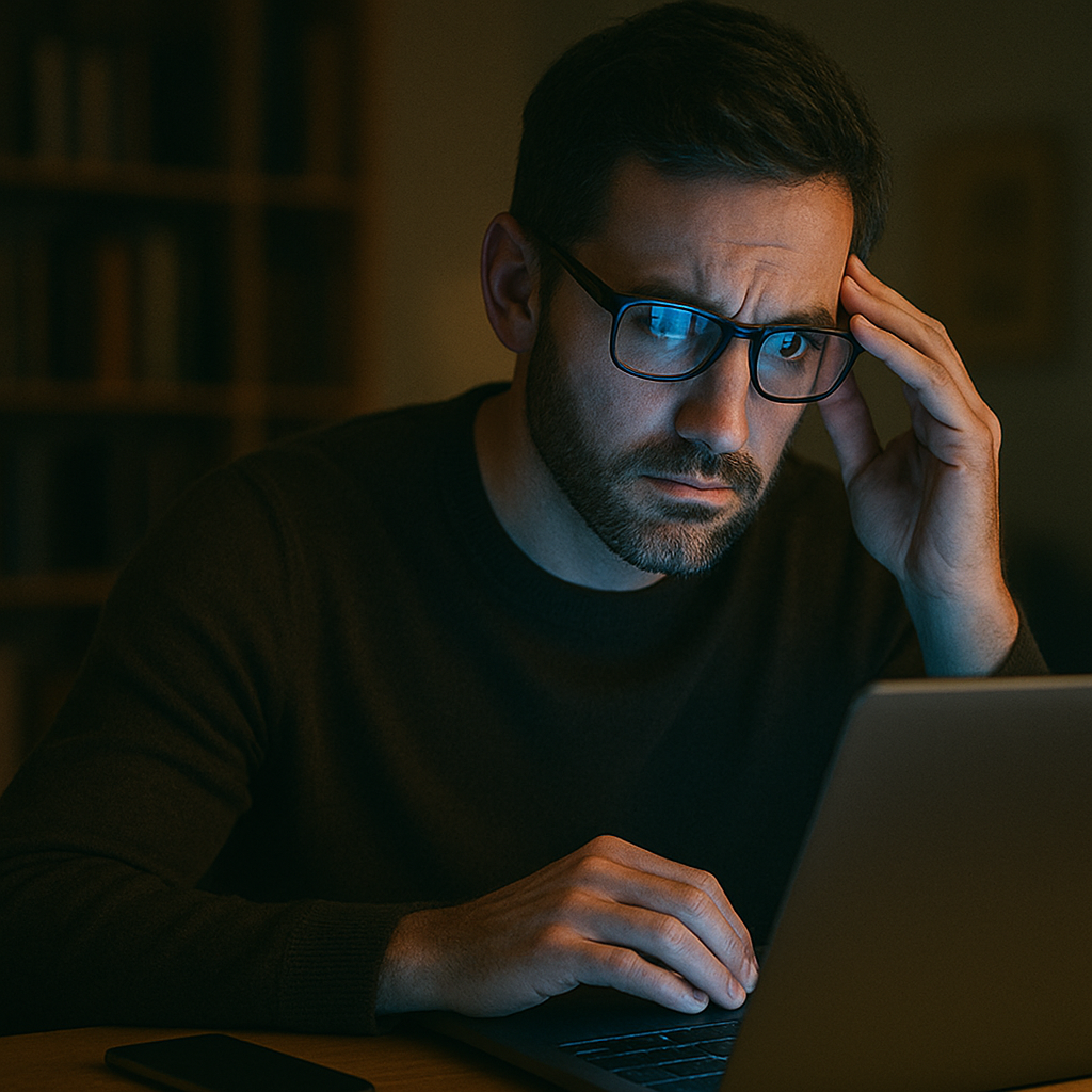 Bild eines Mannes der auf seinen laptop schaut und vom Blaulicht kopfschmerzen bekommt.