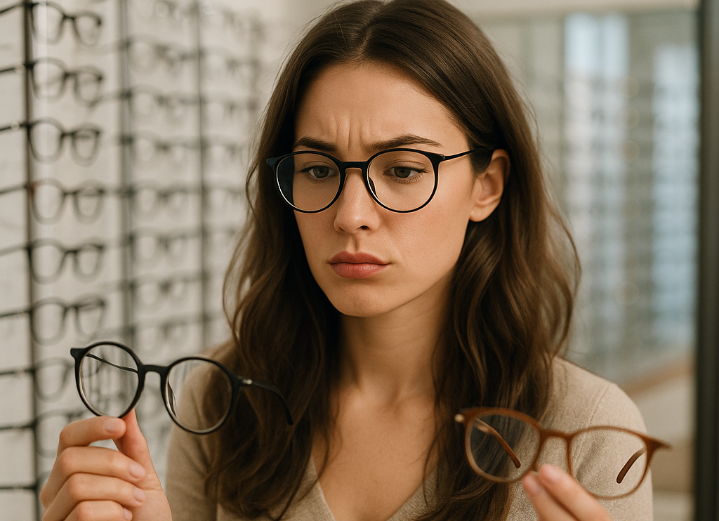 Bild einer Frau die sich gerade zwischen 2 Brillen entscheiden muss