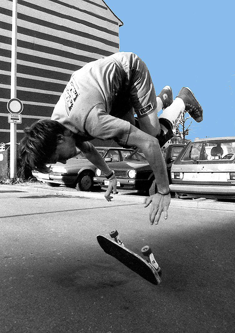 Handstand Flip. Freestyle Skateboarding, Guenter Mokulys, 1990.