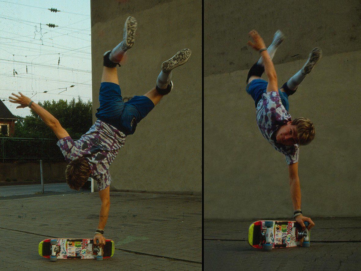Rail-One-Armed-Handstand-Flip, Freestyle Skateboard, Guenter Mokulys, 1988.
