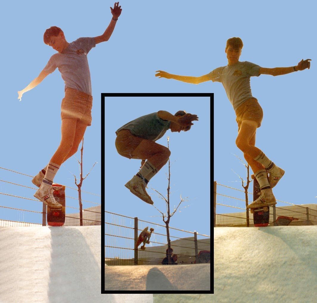 No-Hand 50/50, Crossfoot Pogo, Railflip auf einer Wellenbahn. Freestyle Skateboarding, Guenter Mokulys, 1987.