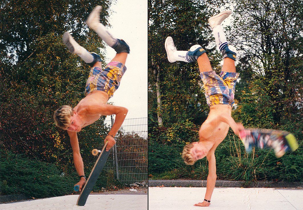 Pogo-Handstand, Gymnastplant. Freestyle Skateboarding, Guenter Mokulys, 1986.