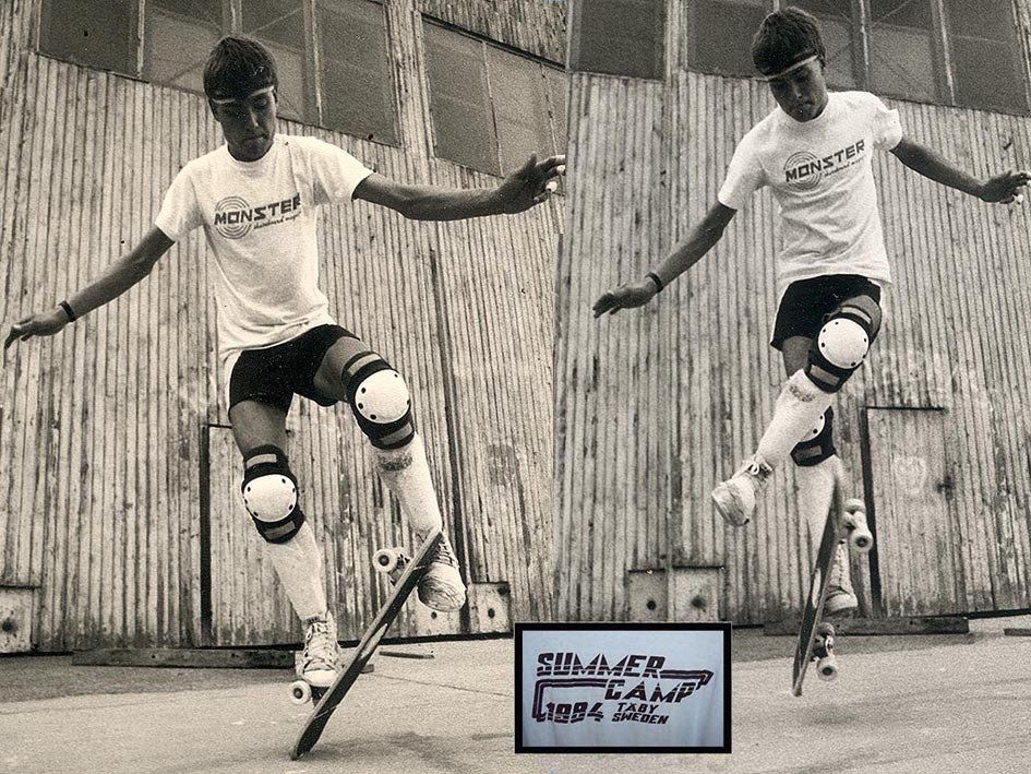 No-Hand 50/50, Crossfoot Pogo Flip. Railflip im Trainingslager, Schweden. Freestyle Skateboarding, Guenter Mokulys, 1987.