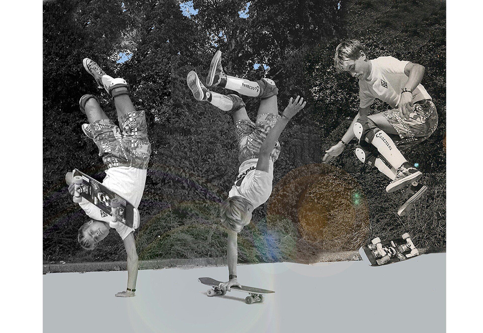 Gymnastplant, One-Armed-Handstand-Flip, Kickflip. Freestyle Skateboarding, Guenter Mokulys, 1986.