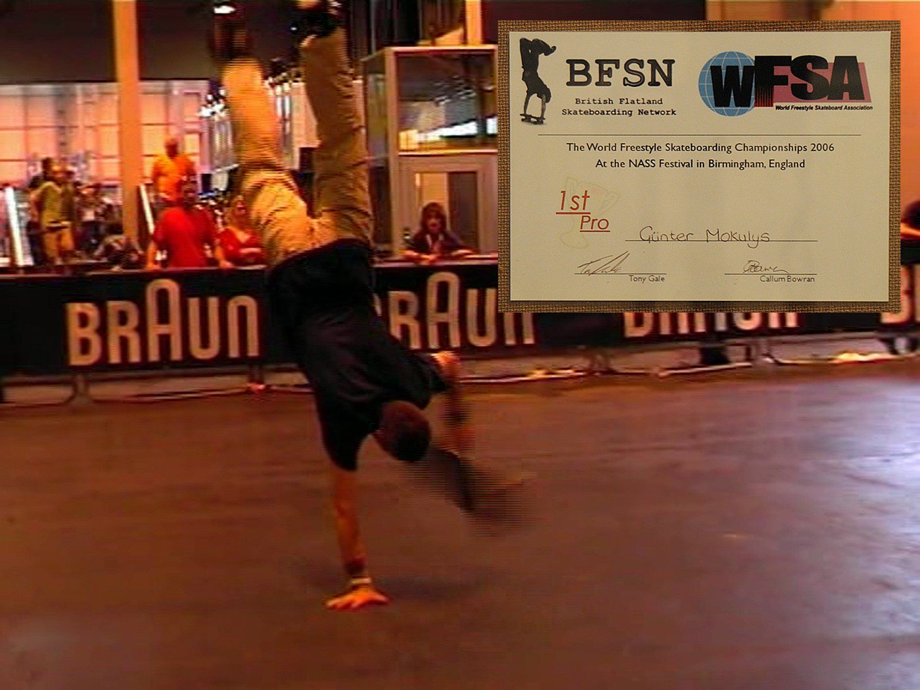 Weltmeisterschaft in Birmingham, England. Freestyle Skateboarding, Guenter Mokulys, 2006.