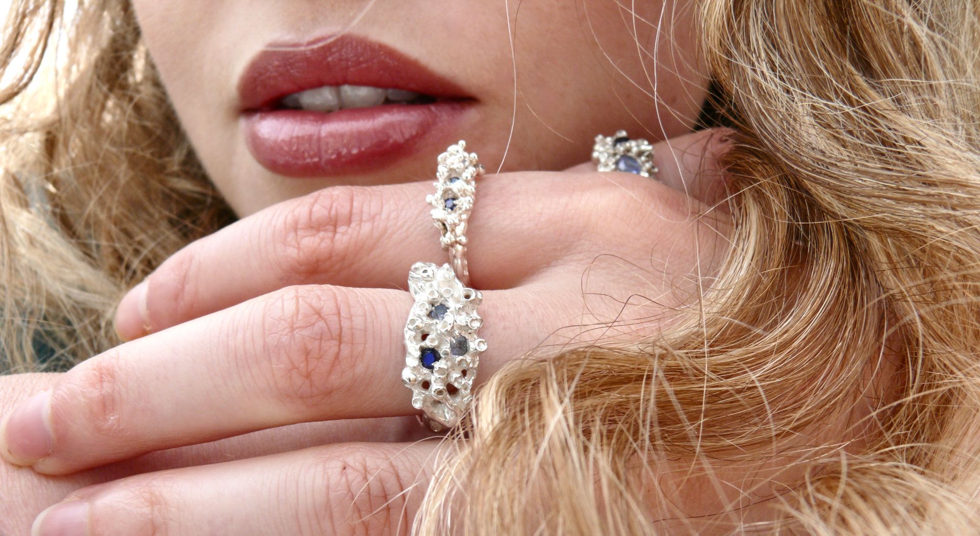 ocean inspired silver ring with sapphires and moi