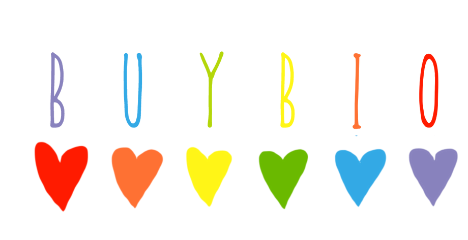 Die Worte BUY BIO in bunten Buchstaben und darunter sechs bunte Herzen