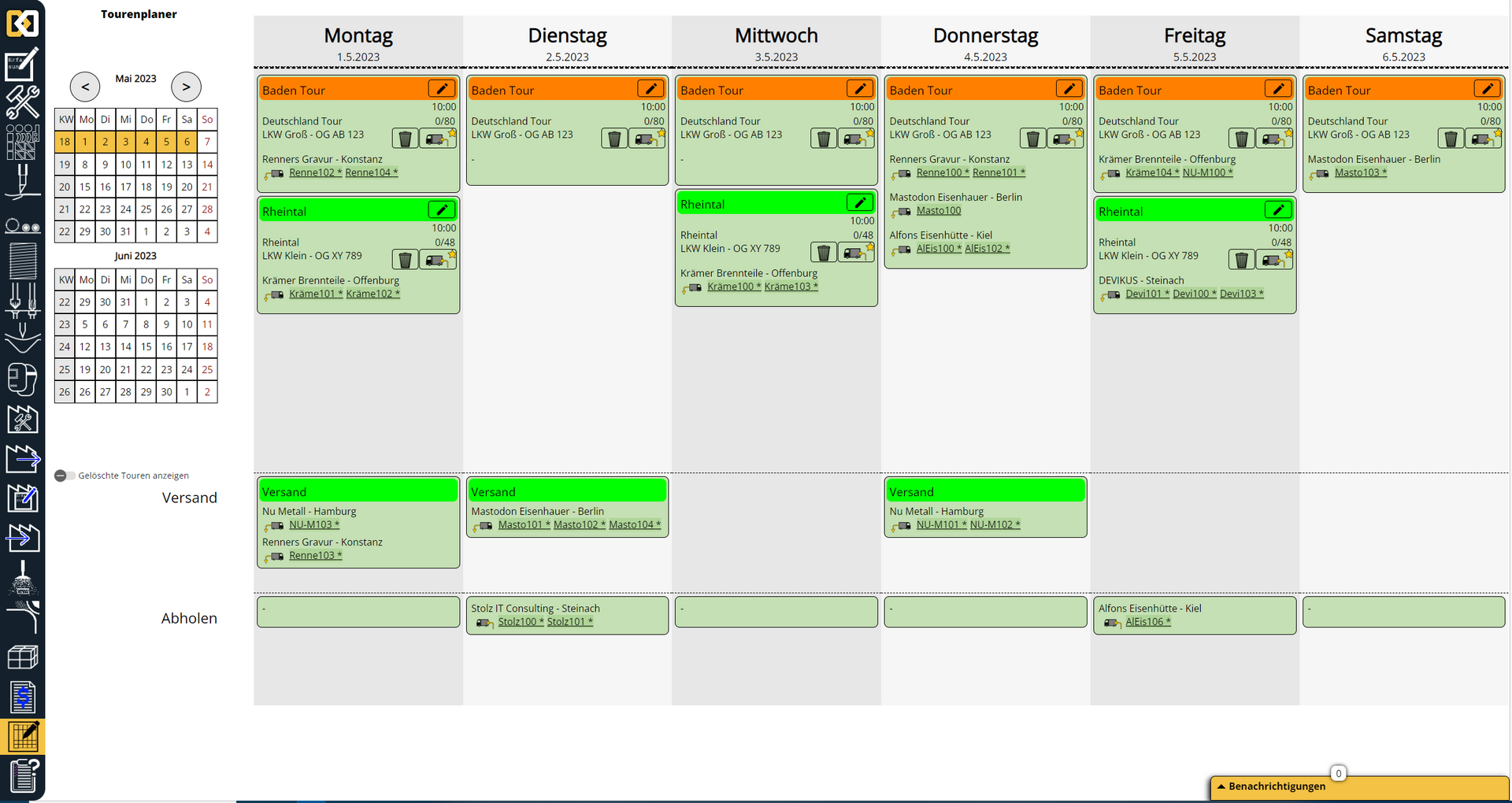 Screenshot einer Software mit Tourenplan.