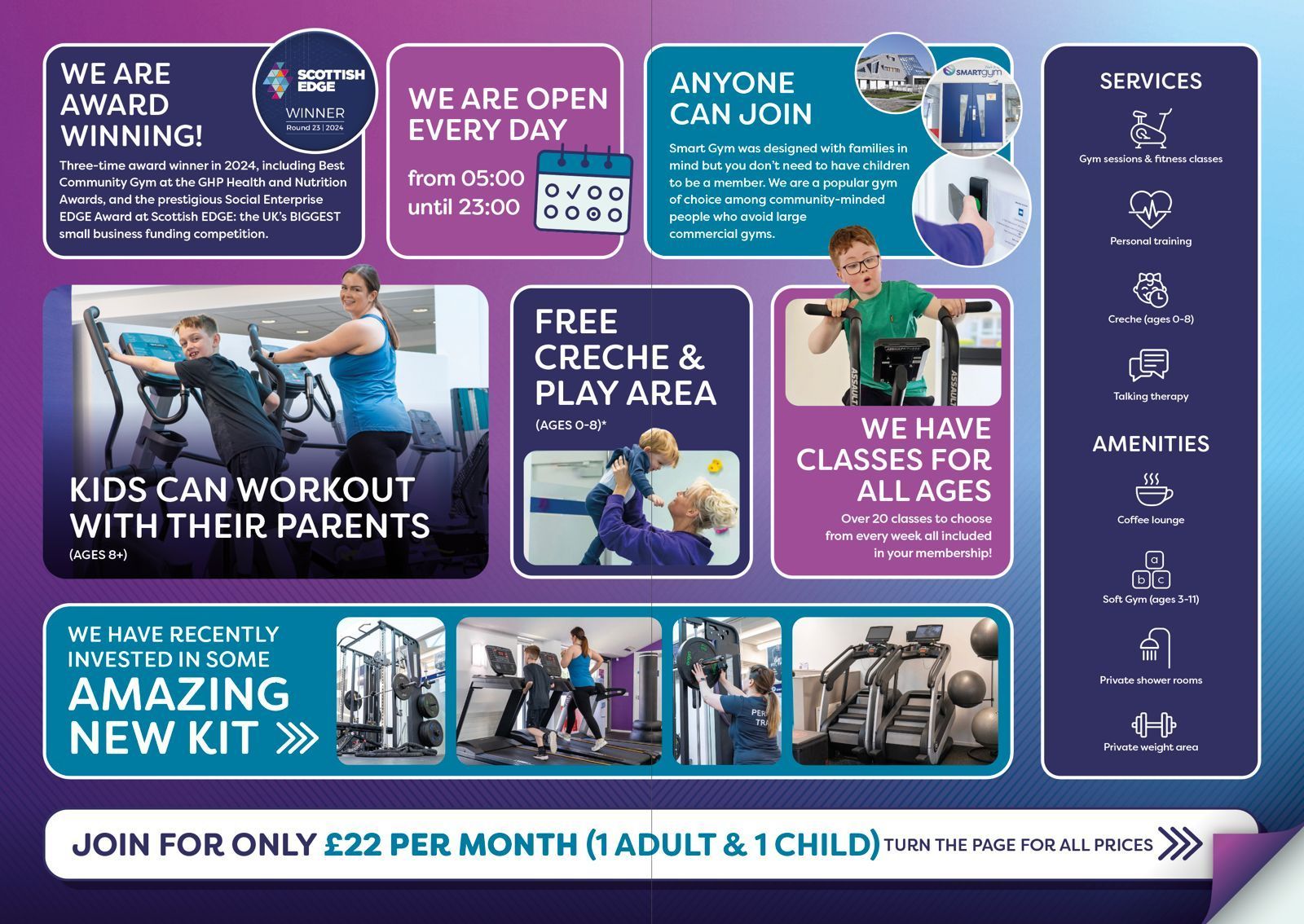 Smart Gym promotional poster highlighting facilities, opening hours, free crèche, and family fitness options.