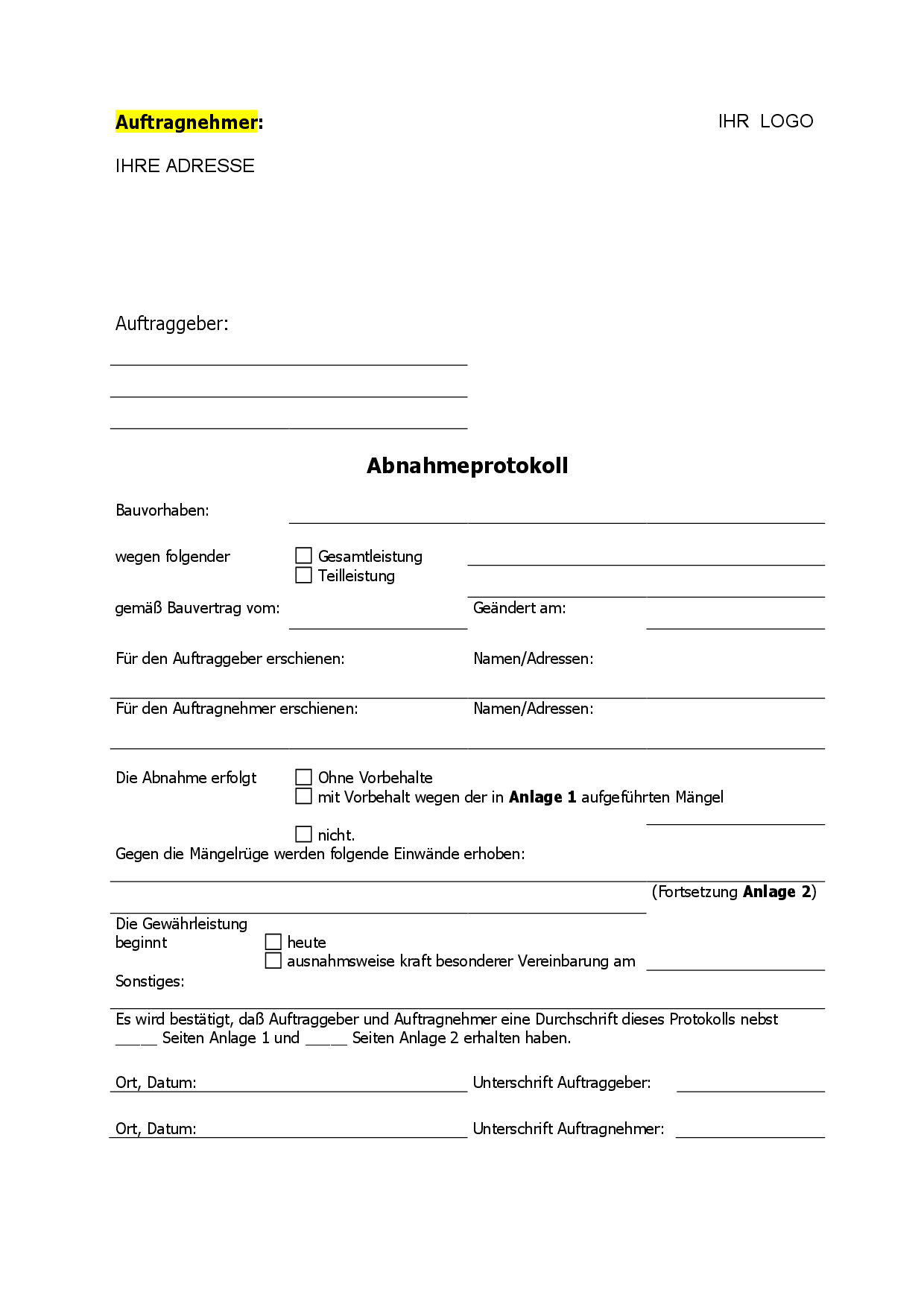 Abnahmeprotokoll Auftraggeber VOB Bau Abnahmeprotokoll Auftraggeber VOB Bau