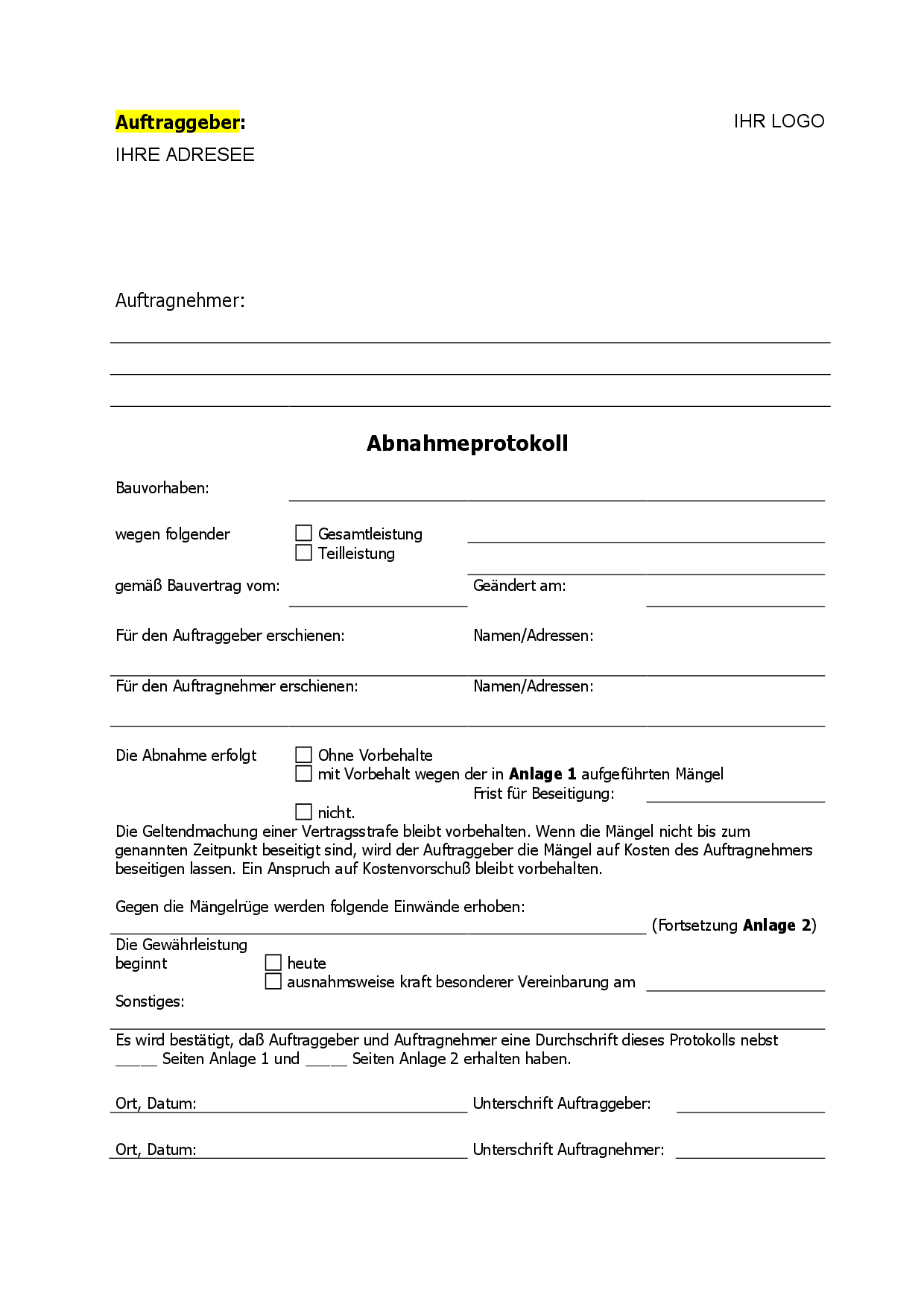 Abnahmeprotokoll Auftraggeber VOB Bau Abnahmeprotokoll Auftraggeber VOB Bau