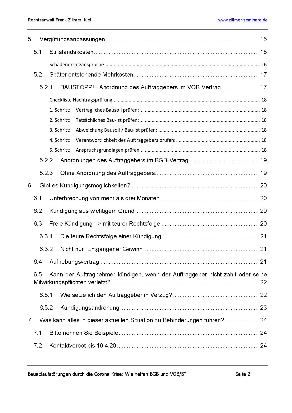 Inhaltsübersicht Seite 2 Wie reagiere ich auf Bauablaufstörungen durch die Corona Krise?