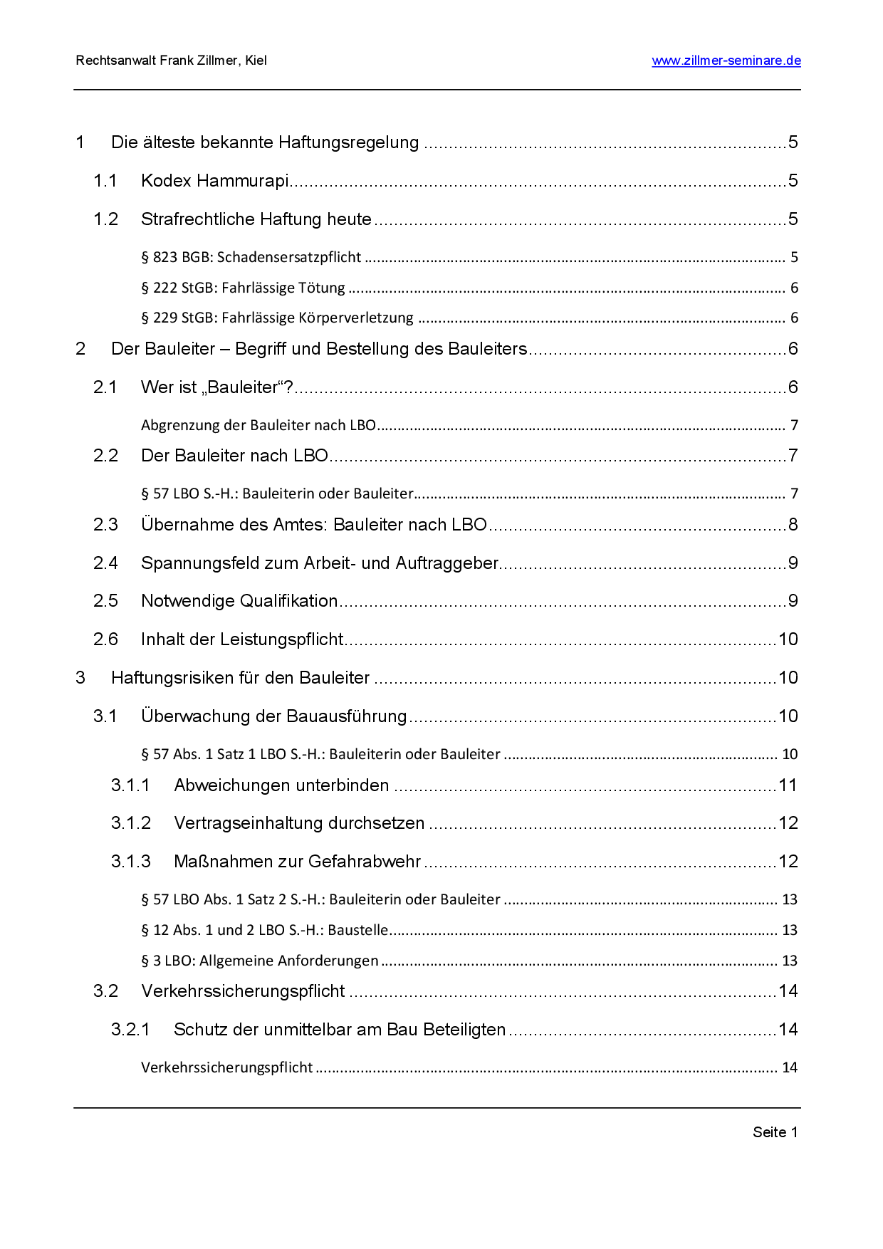 Inhaltsverzeichnis: Bauleiterhaftung Haftungsrisiken Bauleiter