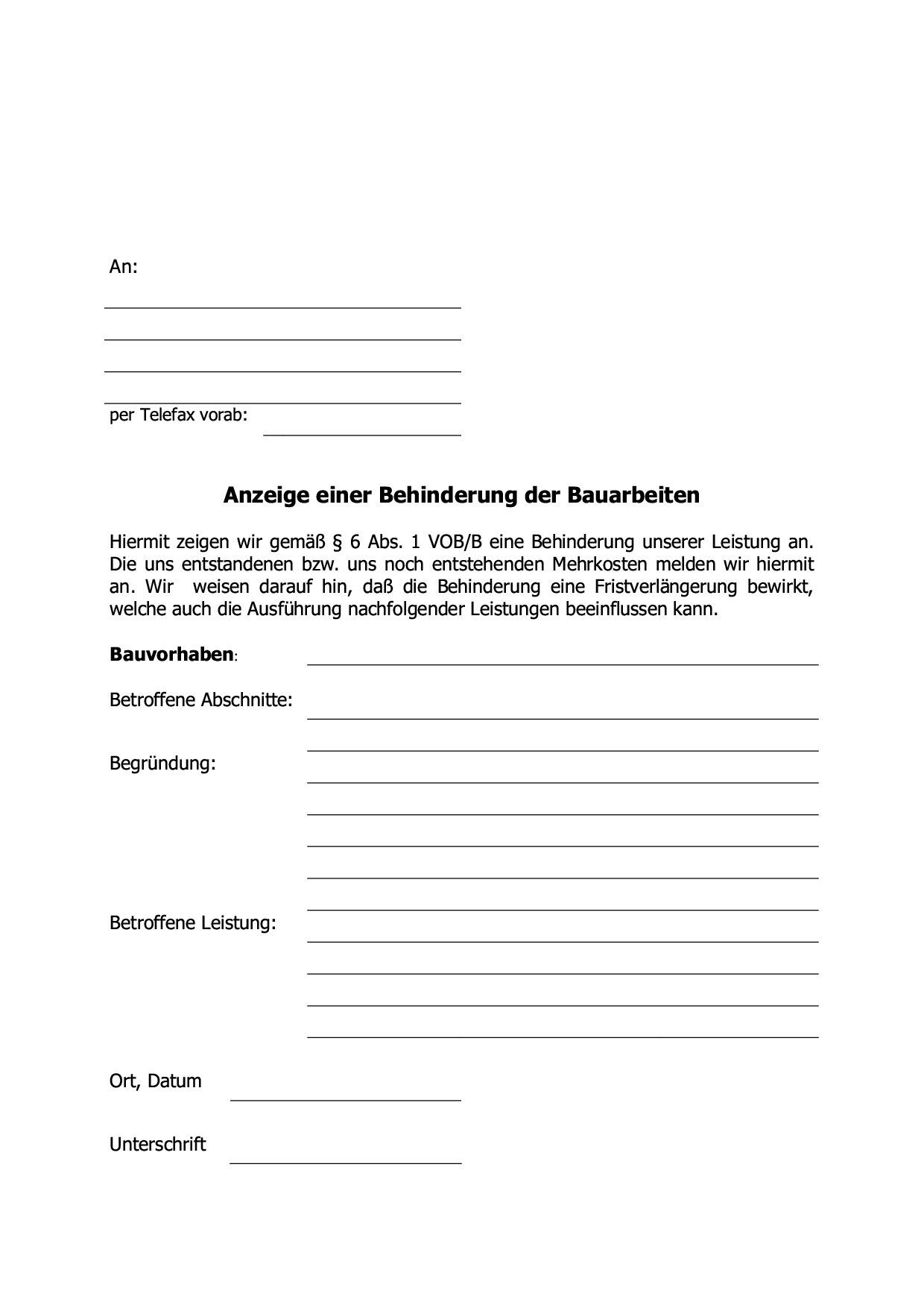 Musterschreiben Behinderungsanzeige Musterschreiben Behinderungsanzeige