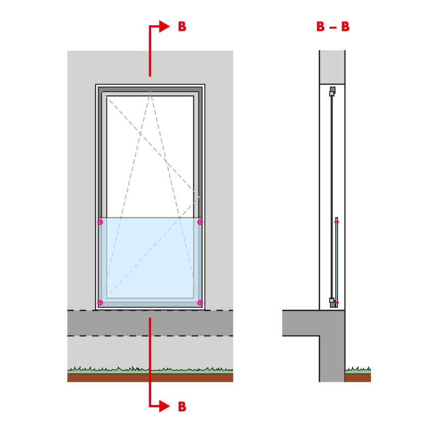 bodentief mit Drehkippflügel und Fenster-geländer auf Blendrahmen des Fensters bodentief mit Drehkippflügel und Fenster-geländer auf Blendrahmen des Fensters