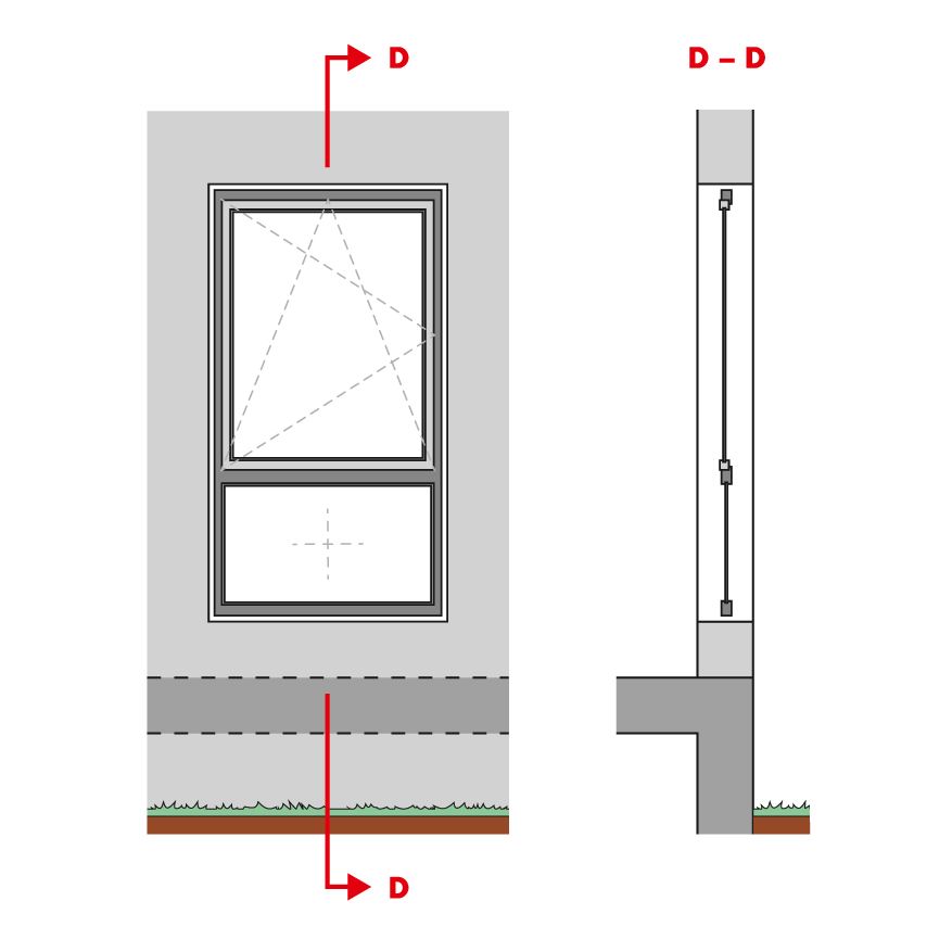oben mit Drehkippflügel, unten mit Festverglasung und Brüstung oben mit Drehkippflügel, unten mit Festverglasung und Brüstung