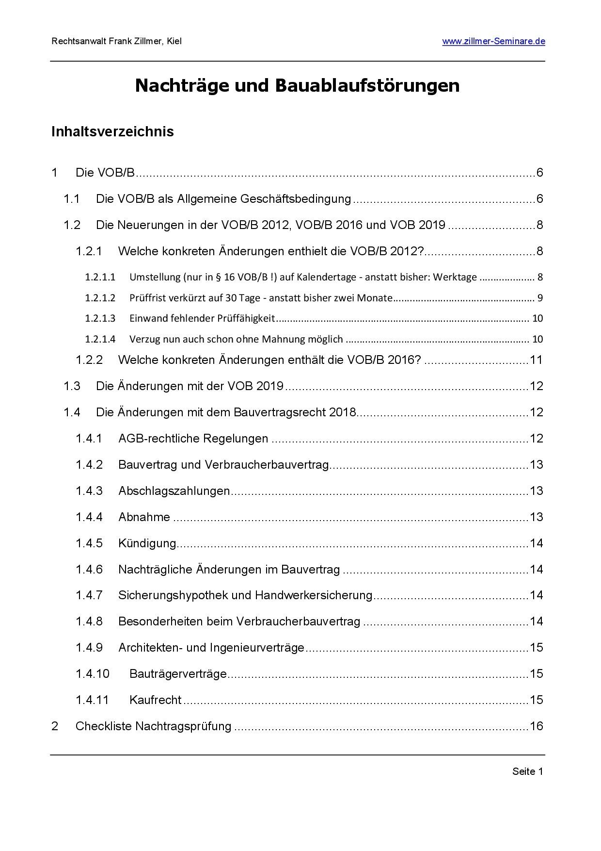 Nachträge + Bauablaufstörungen Inhaltsverzeichnis Seite 1 Nachträge + Bauablaufstörungen Inhaltsverzeichnis Seite 1
