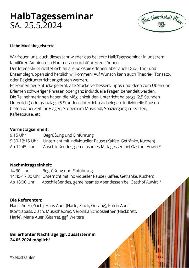 Ausschreibung als Bild Ausschreibung HalbTagesseminar 2023 Musikwerkstatt Auer Musik Auer