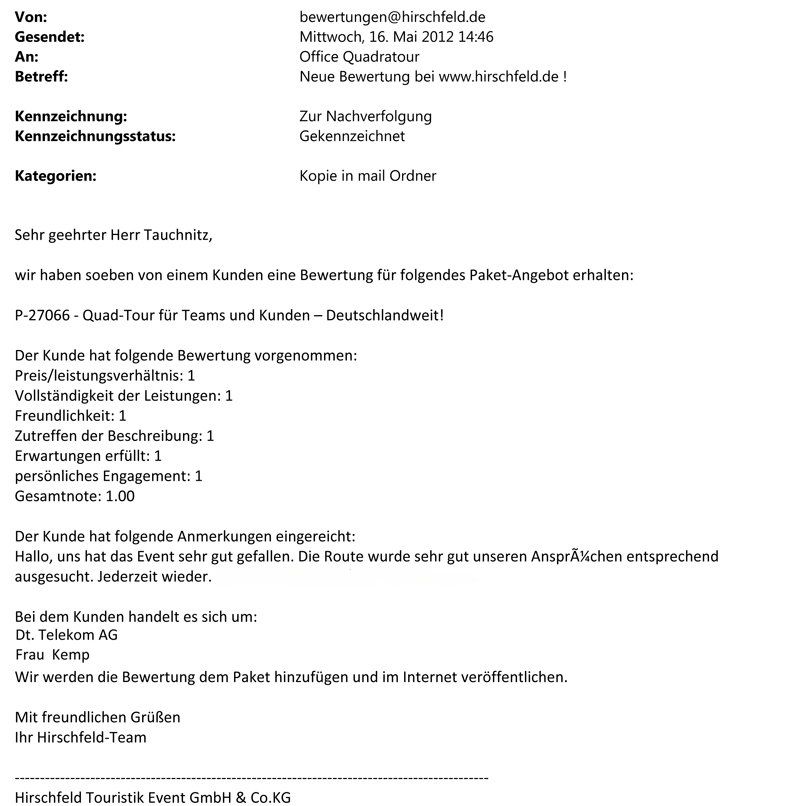 Quad Tour Deutschlandweit Bewertung Telekom Gästebuch QUADraTOUR