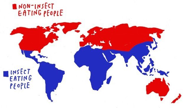 eine Weltkarte zeigt wo auf der Welt Insekten gegessen werden