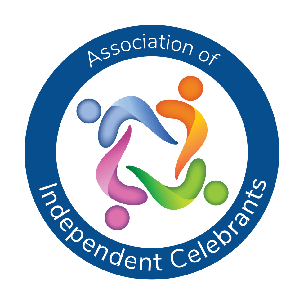 orange, green, pink and blue abstract  people symbol  in blue circle with Association of Independent Celebrants written on it.
