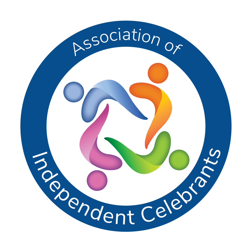 orange, green, pink and blue abstract people symbol in blue circle with Association of Independent Celebrants written on it.